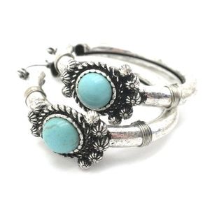 Rustic Silver Plated Hoop Earrings Natural Stone